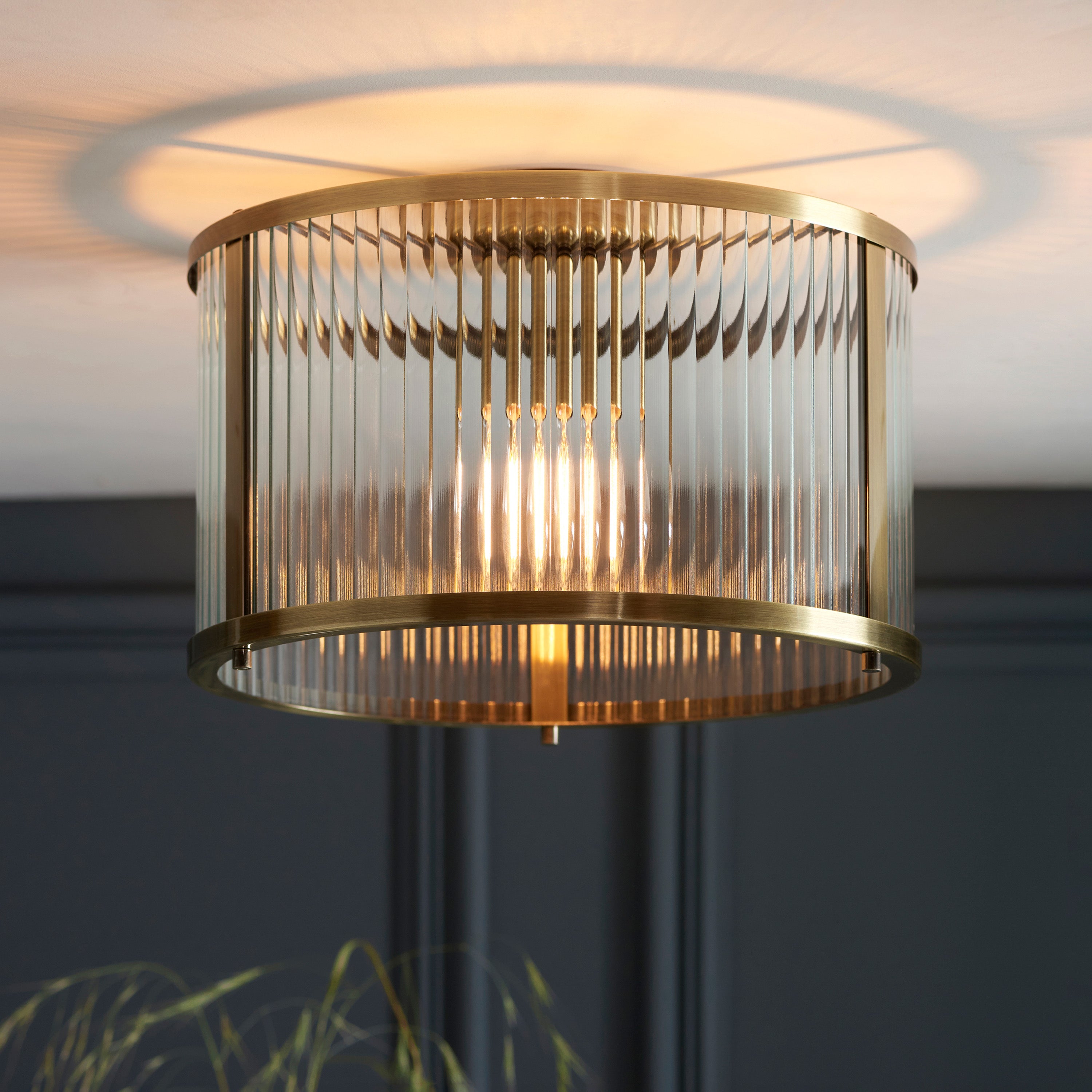 Hayden Antique Brass & Clear Ribbed Glass Ceiling Light